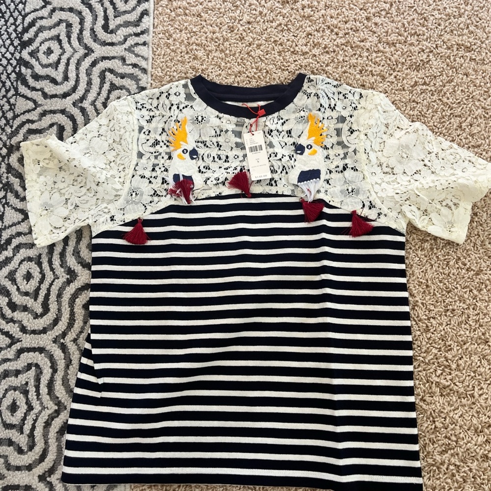 Anthropologie Striped Lace Top With Bird Details